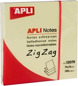 APLI 12078 - Notas adhesivas ZigZag CLASSIC 75 x 75 mm bloc de 100 hojas color amarillo