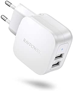 RAVPower Cargador USB con 2 Puertos USB 17W Cargador de Red Tecnología iSmart 2.0 Compatible con iPhone 11 Pro MAX XS MAX XR X 8 Plus iPad Pro Air Mini Huaiwei Xiaomi Samsung Nintendo Switch Blanco