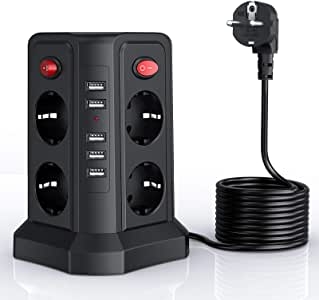 Regleta de 8 enchufes,Sameriver Regleta Vertical Enchufes de 8 Tomas Corrientes y 5 Rápida USB Tomas,cable de extensión de 5M,Protección Contra Sobrecargas,2500 W/10 A