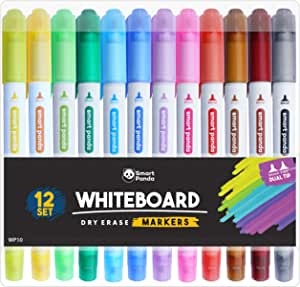 Rotuladores para Pizarra Blanca de SmartPanda – Punta Doble, Mediana y Fina – Borrado Seco, Ideal para el Hogar, Escuela u Oficina – Juego de 12 Colores Variados